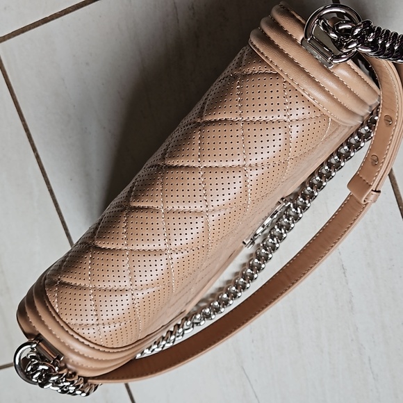 CHANEL Boy Bag Perforated Lambskin Quilted Leather Silver Tan w/Card - Picture 17 of 17